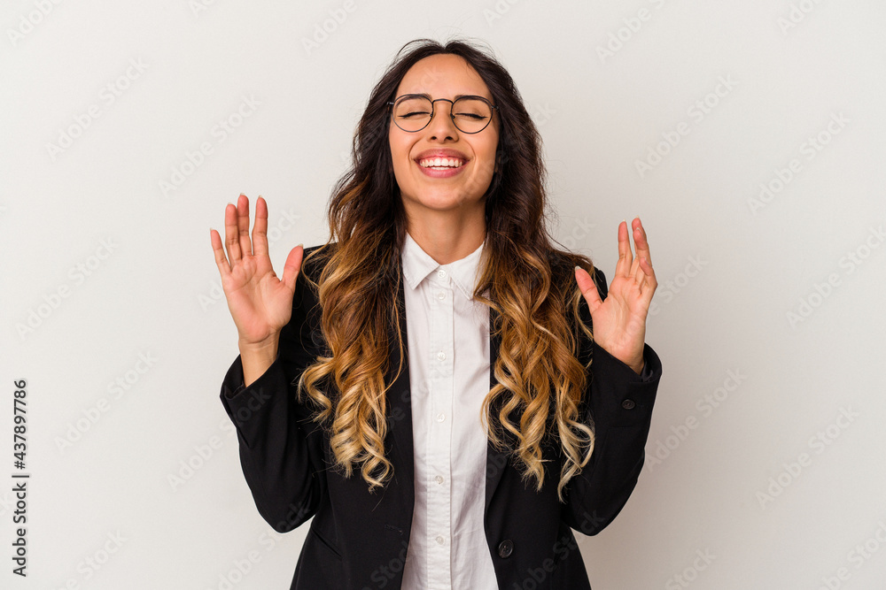 Young mexican business woman isolated on white background joyful laughing a lot. Happiness concept. Young mexican business woman isolated on white background joyful laughing a lot. Happiness concept.