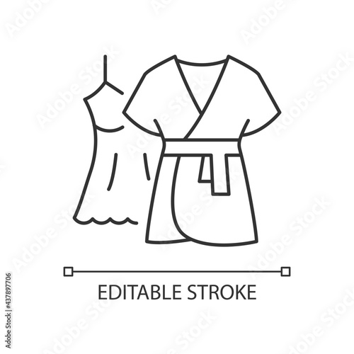 Mini gown with robe linear icon. Female sleepwear. Women nightwear. Ladies lace dress for sleep. Thin line customizable illustration. Contour symbol. Vector isolated outline drawing. Editable stroke