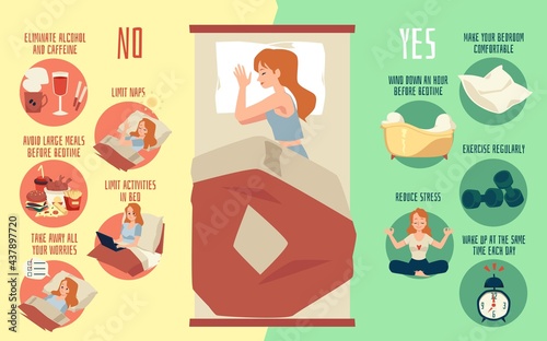 Infographics with recommendations for healthy sleep, flat vector illustration.