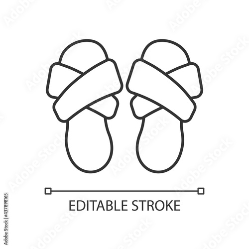 Cross band slippers linear icon. Footwear for lounging at home. Comfortable shoes. Flip flops. Thin line customizable illustration. Contour symbol. Vector isolated outline drawing. Editable stroke