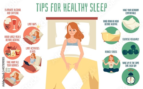 Medical banner with tips for healthy sleep, flat vector illustration.