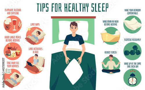 Vector banner with reasons of sleeping problems and tips for prevent to insomnia