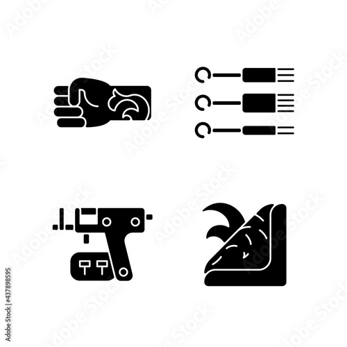 Tattoo and piercing tools black glyph icons set on white space. Special needles for injecting ink into skin. Gun to make holes in skin for jewellery. Silhouette symbols. Vector isolated illustration