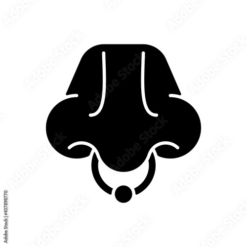 Nose piercing black glyph icon. Professional procedure to inject jewellery into nostrils. Beautiful accessories from valuable materials. Silhouette symbol on white space. Vector isolated illustration