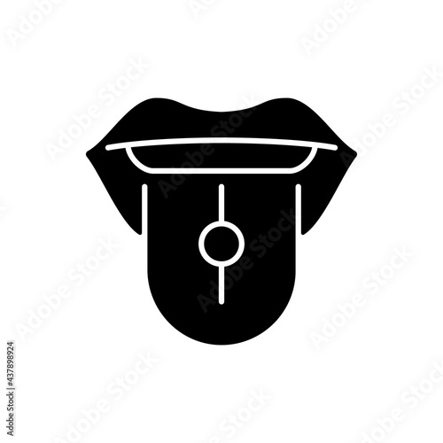 Tongue piercing black glyph icon. Beautiful jewellery in human mouth. Metal parts injected in human body. Nice looking piercing. Silhouette symbol on white space. Vector isolated illustration