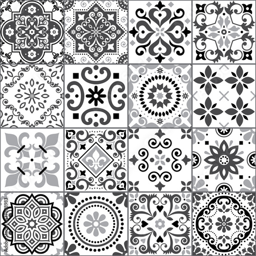 Portuguese and Spanish azulejo tiles seamless vector pattern collection in gray on white, traditional floral design big set inspired by tile art from Portugal and Spain
