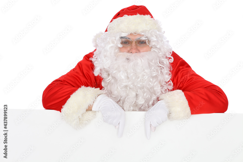 Naklejka premium Crazy cheerful Santa Claus near copy space area, isolated over white background. Merry Christmas and New Year concept