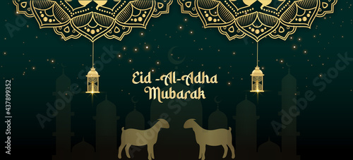 Eid al adha mubarak background with goat and mosque 
Vector Design