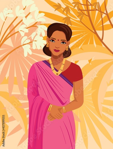 beautiful young girl in traditional Indian dress. vector illustration in flat style on abstract background