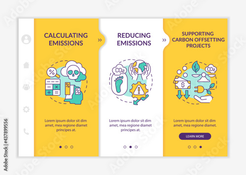 Carbon footprint offset onboarding vector template. Responsive mobile website with icons. Web page walkthrough 3 step screens. Emissions calculation, reducing color concept with linear illustrations