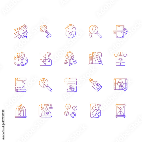 Escape room gradient linear vector icons set. Challenge for logic skills. Solving puzzles. Mystery quest. Isolated vector illustrations. Solving puzzles simple filled line drawings collection