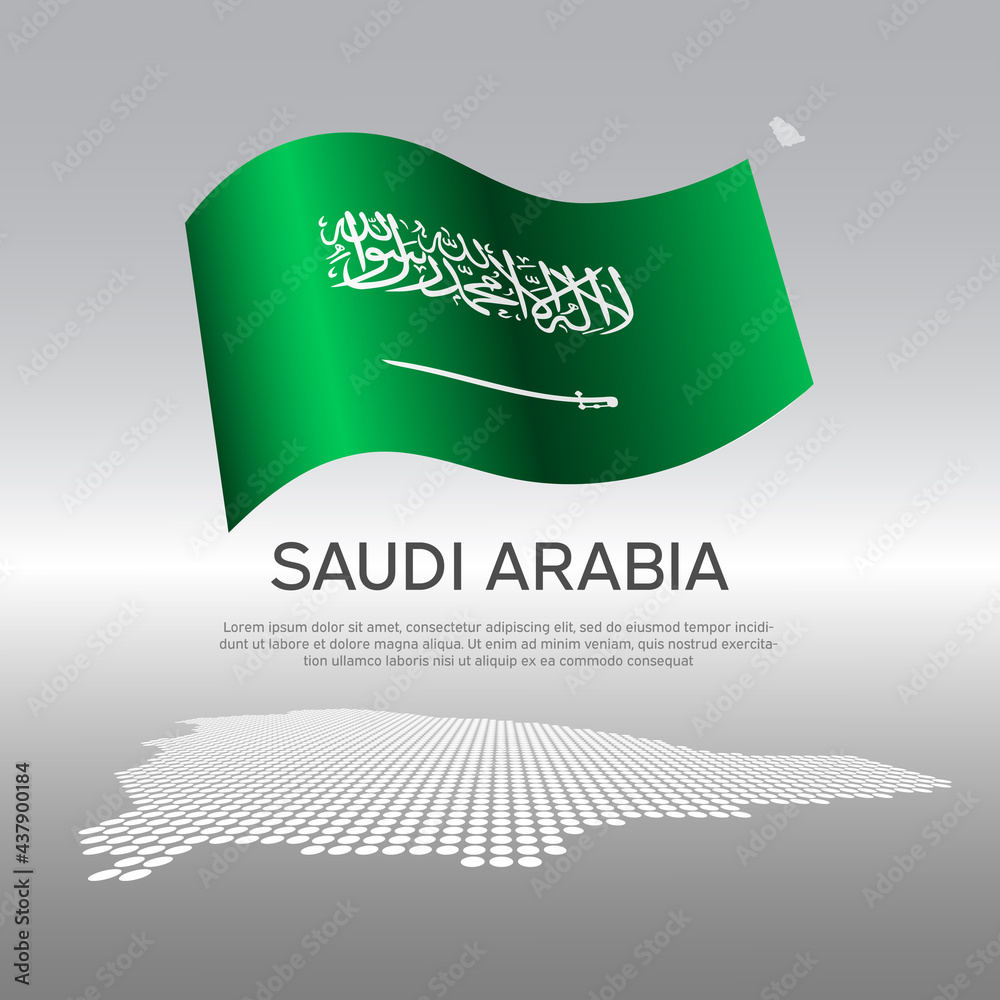 Saudi Arabia wavy flag and mosaic map on light background. Creative background for saudi arabia national poster. Vector design. Business booklet. State patriotic banner, flyer Saudi Arabia wavy flag and mosaic map on light background. Creative background for saudi arabia national poster. Vector design. Business booklet. State patriotic banner, flyer