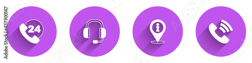 Set Telephone 24 hours support, Headphones, Location with information and icon with long shadow. Vector