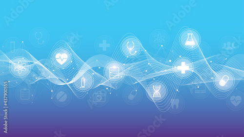 Minimal health care banner template with flat icons. Healthcare medicine concept. Medical innovation technology pharmacy banner. Vector illustration.