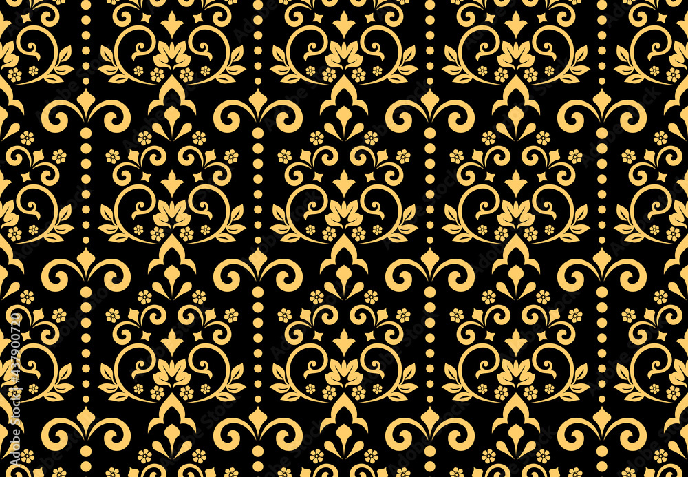 Floral pattern. Vintage wallpaper in the Baroque style. Seamless vector background. Gold and black ornament for fabric, wallpaper, packaging. Ornate Damask flower ornament