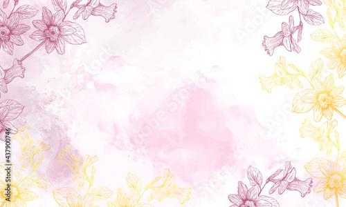 watercolor floral background with golden hand drawn flower elements