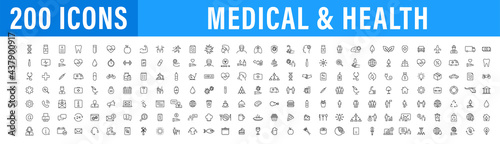 Set of 200 Medical and Health web icons in line style. Medicine and Health Care, RX, infographic. Vector illustration.