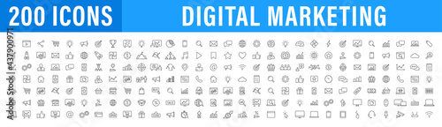 Set of 200 Digital Marketing web icons in line style. Social, networks, feedback, communication, marketing, ecommerce. Vector illustration.