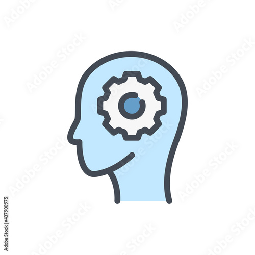 Head with gear color line icon. Machine learning vector outline colorful sign.