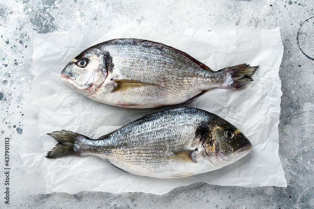 Raw dorado fresh fish or sea bream with ingredients for making lemon, thyme, garlic, cherry tomato and salt on light grey slate, stone or concrete background. Top view with copy space. Raw dorado fresh fish or sea bream with ingredients for making lemon, thyme, garlic, cherry tomato and salt on light grey slate, stone or concrete background. Top view with copy space.