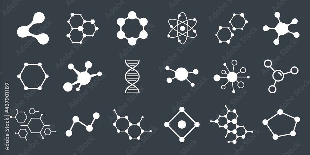 Set of molecule badge. Connected hexagonal molecule badge. Molecular structure. DNA connect diagram. Medical label or icons. Vector illustration.