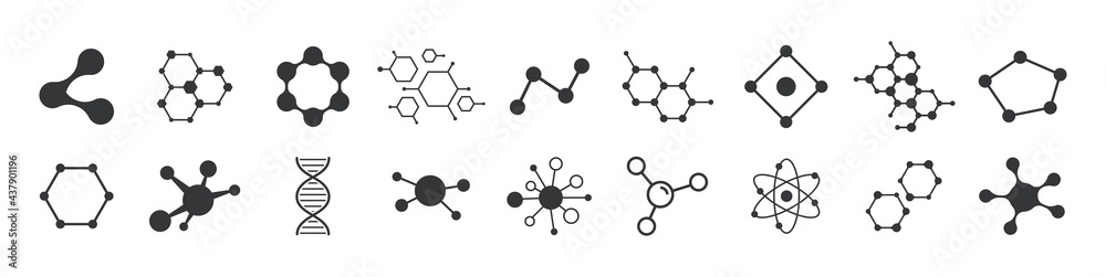 Set of molecule badge. Connected hexagonal molecule badge. Molecular structure. DNA connect diagram. Medical label or icons. Vector illustration. - obrazy, fototapety, plakaty 