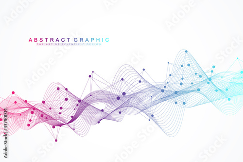 Flowing geometric abstract background with connected lines and dots. Connectivity flow point. Molecule and communication background. Graphic connection background for your design. Vector illustration.