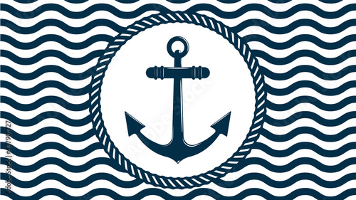 anchor ship inside ring of thick rope against background of seamless pattern with sea waves. Emblem with anchor in separate layer. Vector