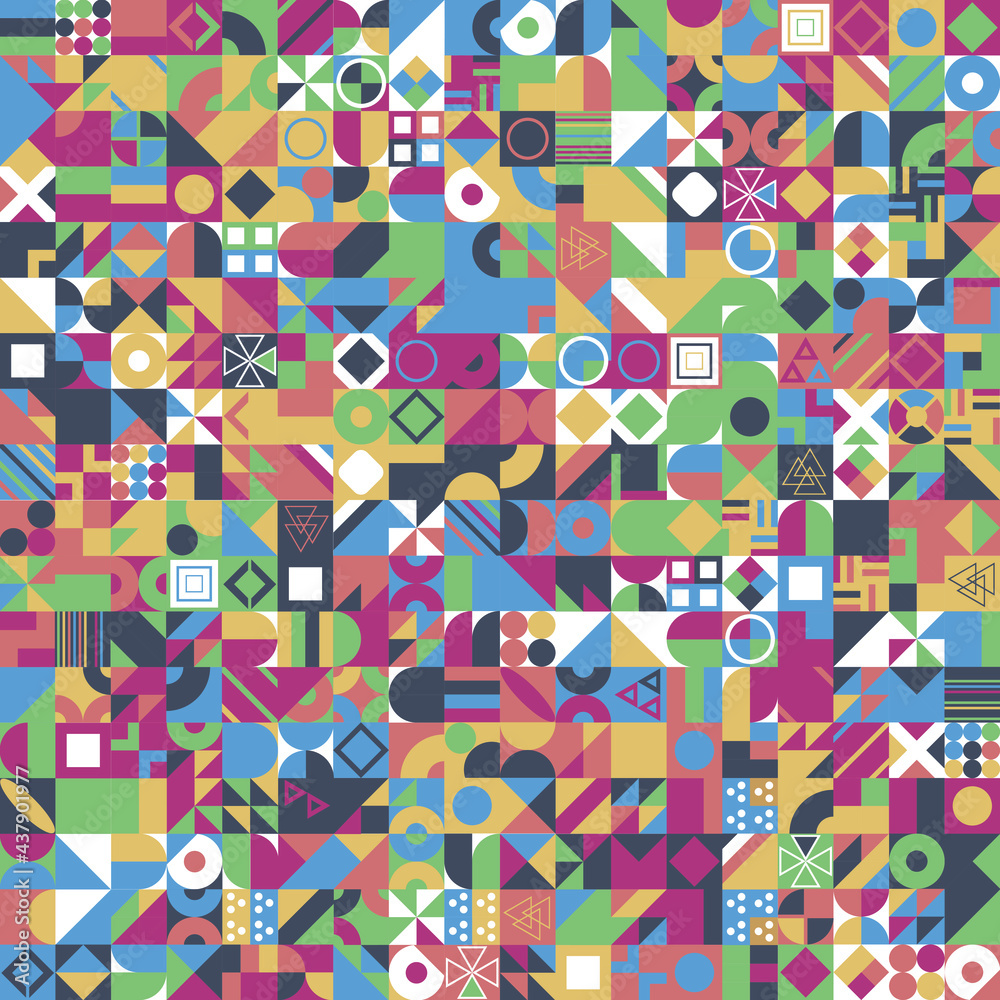 Geometric pattern with different colorful figures. Background for poster, banner, wallpaper, flyer, brochure