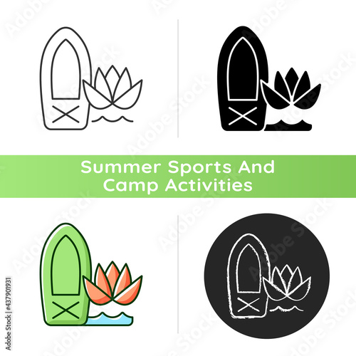 Stand up paddle board yoga icon. Doing workout on wobbly surface. Practicing mindfulness. Enjoying paddle boarding. SUP yoga practice. Linear black and RGB color styles. Isolated vector illustrations