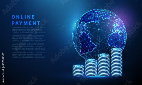 Abstract blue planet earth with coins stacks