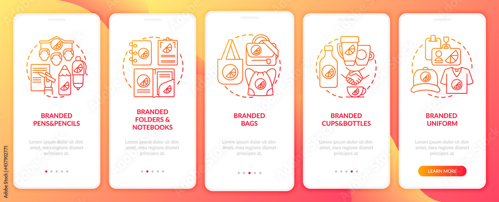 Branding materials onboarding mobile app page screen with concepts. Branded bags, pens walkthrough 5 steps graphic instructions. UI, UX, GUI vector template with linear color illustrations Branding materials onboarding mobile app page screen with concepts. Branded bags, pens walkthrough 5 steps graphic instructions. UI, UX, GUI vector template with linear color illustrations