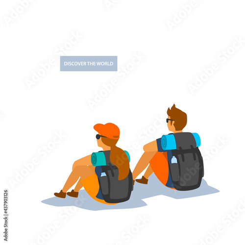 man and woman hikers sitting watching enjoying the view backside vector illustration scene