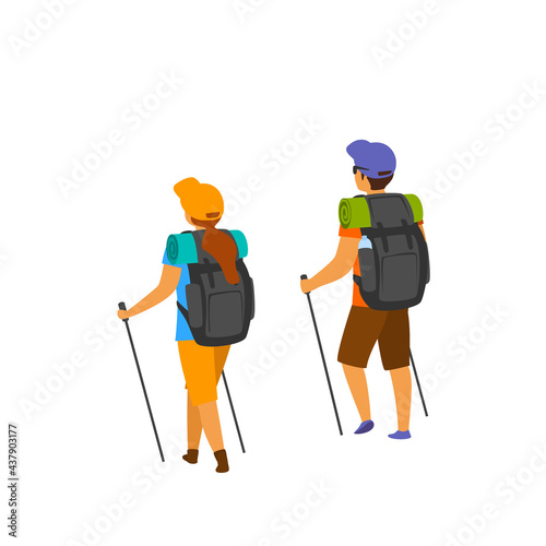 man and woman hiking walking with poles backpacks  isolated vector illustration