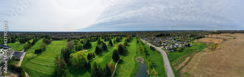 Aerial panorama over a golf course