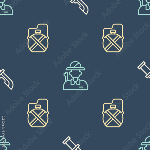 Set line Hunter knife, Canteen water bottle and on seamless pattern. Vector