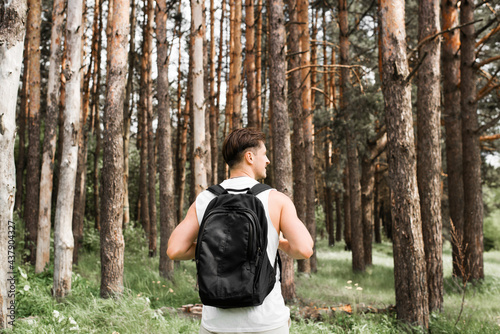 Hike to nature. Healthy young man with backpack in pine forest on sunny summer day, back view. Traveler enjoying walk, outdoors. Travel, active vacation concept