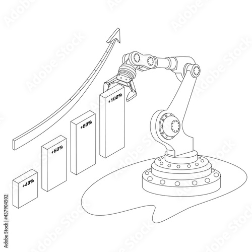 Outline automatic trading robot isometric concept with chart and upward arrow isolated on white. Vector illustration.