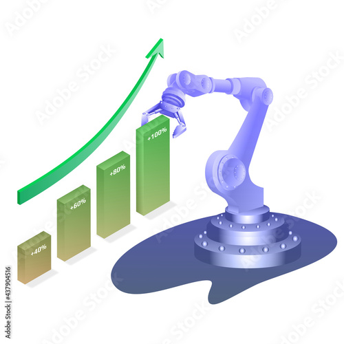 Automatic trading robot isometric concept with chart and upward arrow isolated on white. Vector illustration.