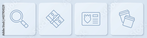 Set line Magnifying glass with search, Police badge id case, Stacks paper money cash and Plastic bag ziplock. White square button. Vector