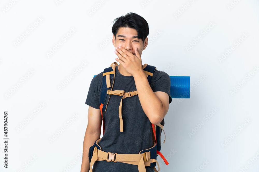 Mountaineer Chinese man with isolated on white background happy and smiling covering mouth with hand Mountaineer Chinese man with isolated on white background happy and smiling covering mouth with hand