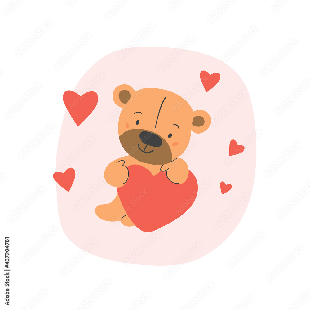 Cute vector illustration of the teddy bear with hearts isolated on white and pink. Cute bear vignette illustration. Kids illustration for valentines day Cute vector illustration of the teddy bear with hearts isolated on white and pink. Cute bear vignette illustration. Kids illustration for valentines day