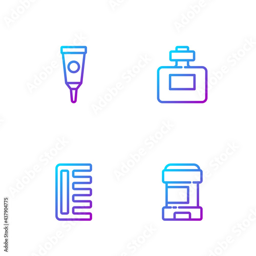 Set line Antiperspirant deodorant roll, Hairbrush, Cream lotion cosmetic tube and Perfume. Gradient color icons. Vector