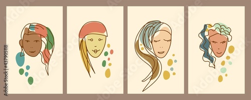 Vector set of templates for cards, posters, prints, flyers. Female faces of different ethnicity. Fashion, hairstyles and cosmetics, beauty salon.