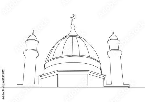 Single continuous line drawing of historical landmark mosque or masjid. Historical construction that use as a place of praying for Islamic person concept one line draw design vector illustration