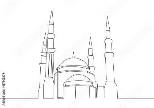 Single continuous line drawing of muslim historical landmark masjid or mosque. Historical construction use as a place of praying for Islamic person concept one line draw design vector illustration