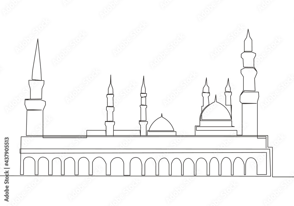 Single continuous line drawing of historical mosque or Masjid An Nabawi