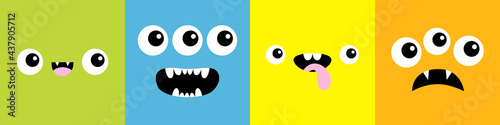 Monster square head line icon set. Boo Spooky Screaming smiling sad face emotion. Three eyes, tongue, teeth fang, mouse. Happy Halloween card. Flat design style. White background.