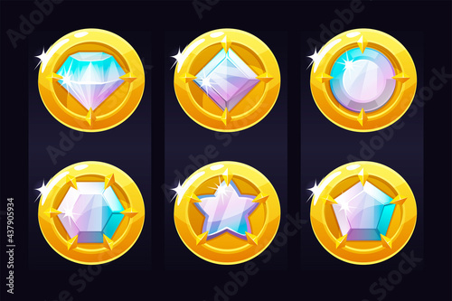 Set gold coins with precious stones for ui games.