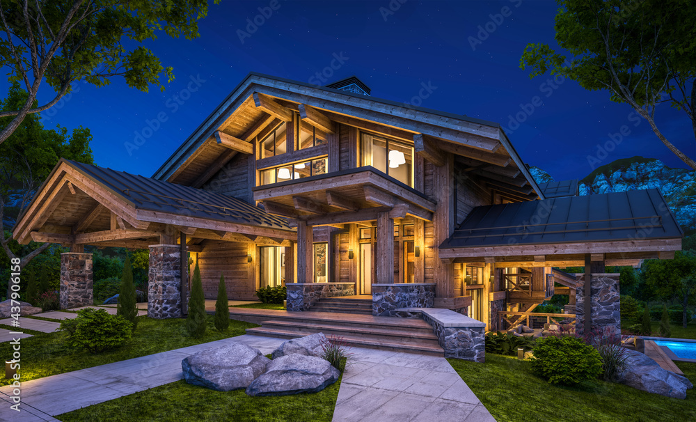 3d rendering of modern cozy chalet with pool and parking for sale or rent. Massive timber beams columns. Beautiful forest mountains on background. Clear summer night with many stars on the sky. 3d rendering of modern cozy chalet with pool and parking for sale or rent. Massive timber beams columns. Beautiful forest mountains on background. Clear summer night with many stars on the sky.
